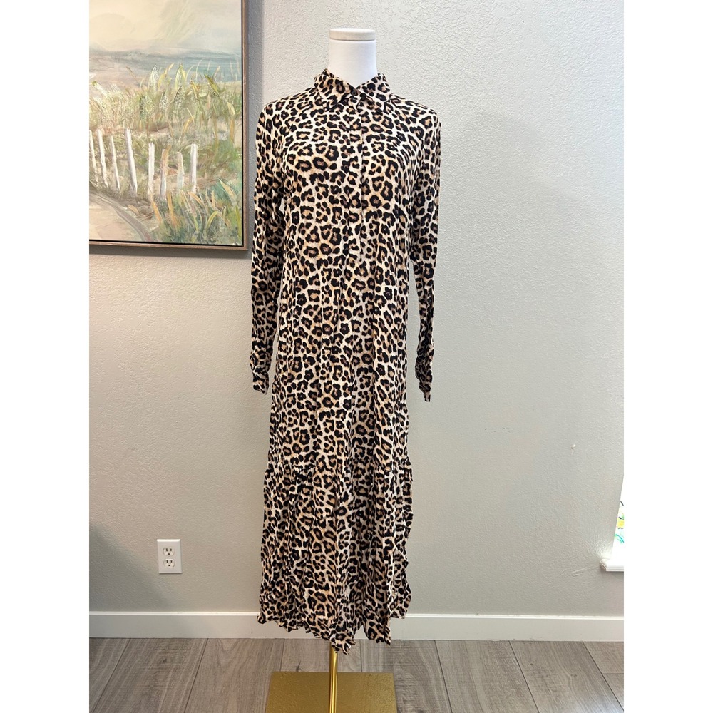 H&M Leopard Print Button Front Midi Shirt Dress Long Sleeve Animal Print XS